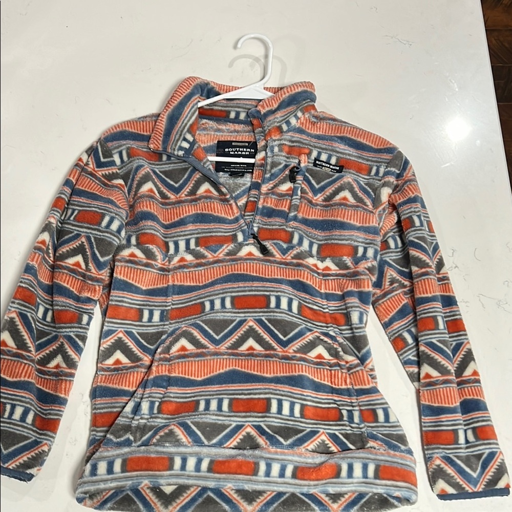 Southern Marsh Geometric Fleece Pullover - Orange, Blue, Gray